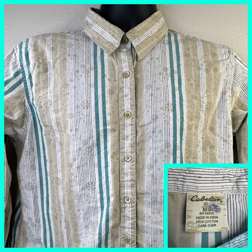 Cabela's Beige striped Geometrical Pattern Button Up Shirt Size XL Long‎ Sleeved
